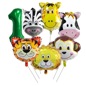 Lot de 7 ballons en aluminium animaux de la jungle avec chiffre 1 et visages colorés