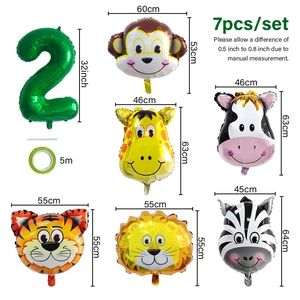 Dimensions détaillées des ballons animaux de la jungle avec chiffre 2 et ruban de 5m