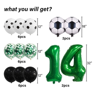 Kit ballons fête foot avec chiffre 14 vert, ballons foot alu et confettis