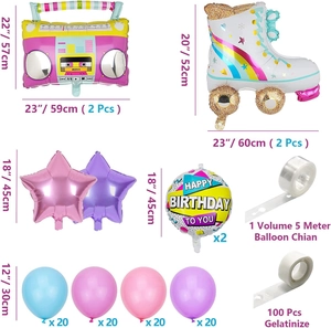 Detailed specs for 80s retro party set with radio, roller skate balloons and latex kit