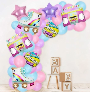 Detail of disco party balloon arch with retro radio and roller skate foil balloons