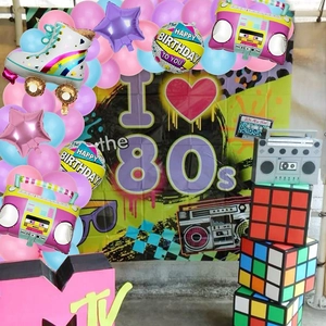 80s Retro Disco Party Set with Roller Skate Radio Balloons and Neon Backdrop