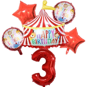 Circus tent foil balloon set with animals and red number 3 for birthday party decor