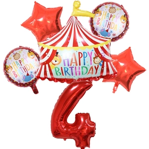 Close-up of a 6-piece circus theme balloon set with red number 4 and party tent design