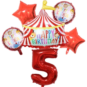 Circus tent theme party balloon set with number 5 and animals for 5th birthday decor