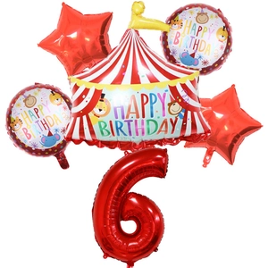 Circus tent birthday party balloon set with red number 6 and animal printed foil balloons