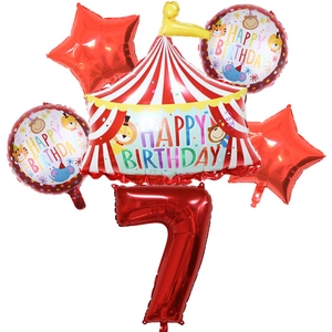 Circus party balloon set with red number 7 and happy birthday tent foil decoration