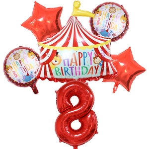 6pcs circus theme party balloon set with red number 8 and cartoon animal designs