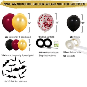 Halloween arch kit with red black and gold balloons plus 3D bats for party decor