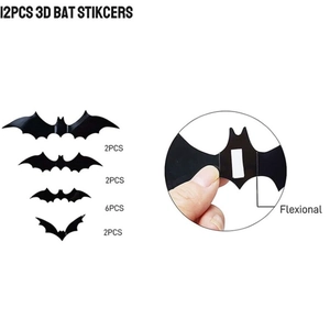 Set of 12 black 3D bat wall stickers for Halloween party decor with flexible wings
