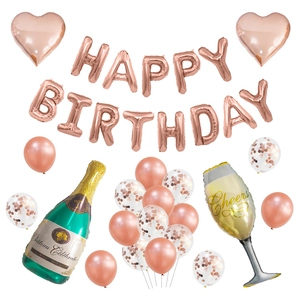 Detailed set of rose gold birthday balloons with foil letters and champagne bottle shapes
