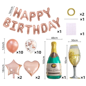 Rose gold birthday set with latex balloons, foil stars, hearts, and champagne bottle shapes