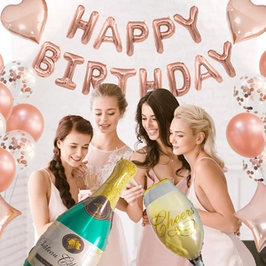 Rose gold birthday balloon set with champagne bottle and star foil balloons for party