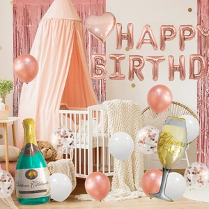 Rose gold happy birthday balloon set with heart, confetti latex, and champagne foil shapes