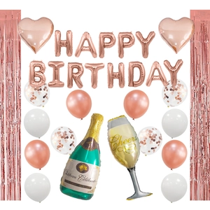 Rose Gold Happy Birthday Balloons Champagne Shape Foil Confetti Latex Star Heart Decorations Party Supplies Anniversary