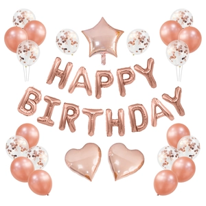 Rose gold birthday decoration set with foil letters heart stars and confetti balloons