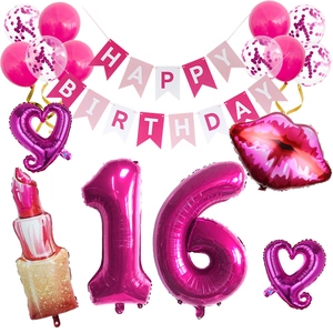 Kit déco 16e anniversaire rose avec ballons alu en forme de lèvres, rouge à lèvres et cœur