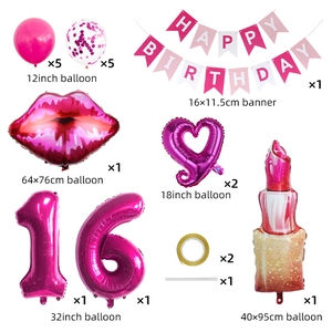 Kit de fête 16e anniversaire avec ballons roses, rouge à lèvres et ballon lèvres rouges