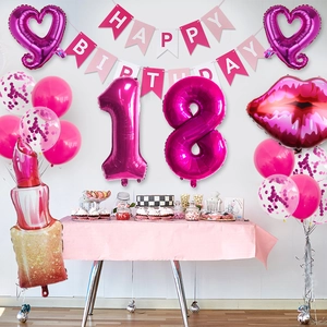 Kit décoration 18ème anniversaire avec ballons rouge à lèvres et fond rose
