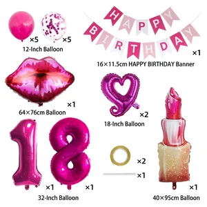 Kit ballons 18e anniversaire fuchsia avec ballons aluminium rouge à lèvres et lèvres