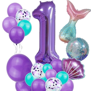 Mermaid themed 1st birthday balloon set with purple number one and gradient mermaid tail
