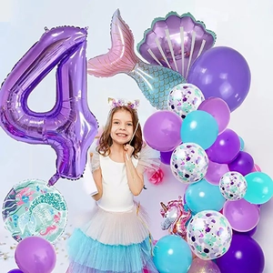Mermaid themed 4th birthday balloon set with purple number four and seashell foil balloons