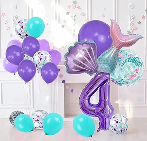 Detailed view of mermaid tail balloon and number 4 set for girls 4th birthday party