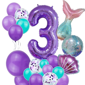 Mermaid Theme Birthday Balloon Decoration Purple Number Foil Mylar Latex Balloons With Shell Tail For Girls Party Celebration