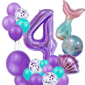 Detail of 4th birthday mermaid balloon set with purple number 4 and shell foil balloons