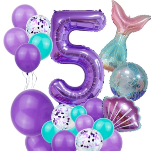 Mermaid 5th birthday party balloon set with giant purple number 5 and teal fishtail