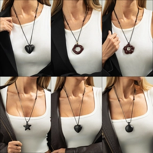 Irregular Heart Star Wood Pendant Necklace Adjustable Wax Rope Long Sweater Chain Retro Minimalist Jewelry For Women