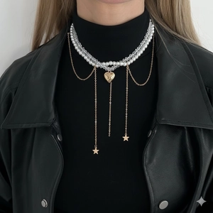 Elegant Multi Layer Necklace With Heart Pendant Faux Artificial Pearl Crystal Beaded Star Tassel Choker For Women Gothic Jewelry