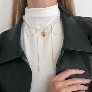 Elegant multi-layer pearl choker with heart pendant and star tassel chains for women