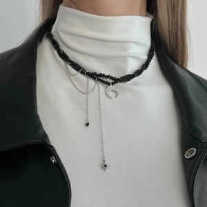 Gothic choker with black faceted beads, silver tassels, and crystal moon pendant