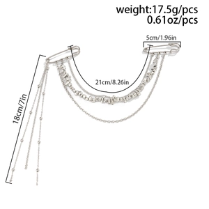 Detail view of silver multi-layer tassel brooch with chain lengths and weight measurements