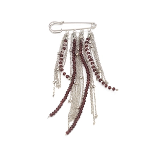 Elegant silver brooch with long fringe chains and purple faceted beads for party suits