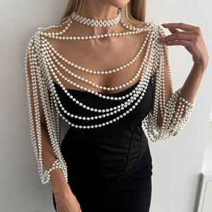 Elegant multi-layer pearl body chain shawl with white fringe drapes for women