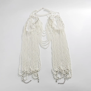 Elegant pearl body chain cape with multilayered fringe beads for formal evening dresses