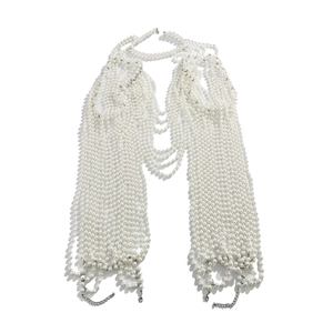 Elegant multi-layer white faux pearl body chain shawl with adjustable silver metal clasp
