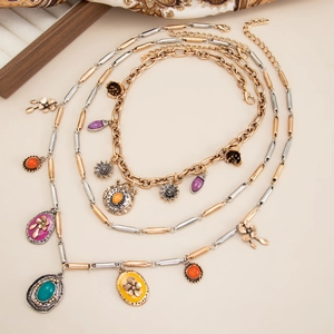 Bohemian multilayer necklace with colorful gemstone pendants and vintage floral charms