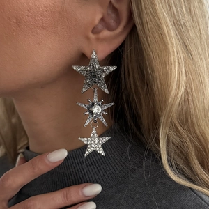 Primo piano di orecchini pendenti a forma di stella con diamanti indossati da una modella