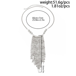 Detail showing tiered silver tassel necklace dimensions 66cm length with 18cm drop