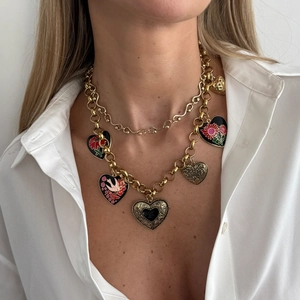 Vintage Layered Necklace Alloy Enamel Heart Pendant Boho Floral Bird Pattern Gold Tone Clavicle Chain Women Jewelry