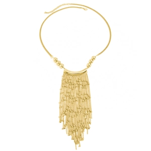 Elegant gold waterfall tassel necklace with metal beads and curved tube link design
