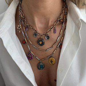 Retro multi-layered necklace with heart pendant, colorful gems and sun motifs for women