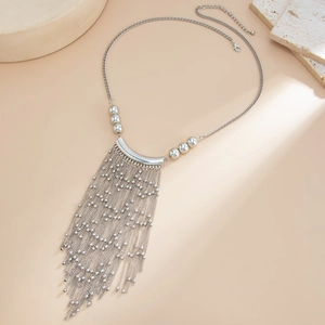 Minimalist silver multi-layer fringe necklace with woven bar and beaded metallic tassels