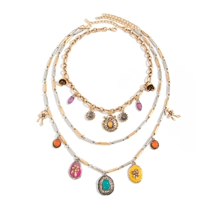 Bohemian multi-layer necklace with heart pendant and colorful stones on white background
