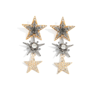 Orecchini pendenti vintage a tre stelle con strass di cristallo in oro e argento raffinato