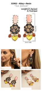 Detailed size chart and multi-angle view of vintage resin gemstone drop earrings