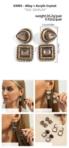 Detailed view of vintage alloy earrings with acrylic gems and exact measurements